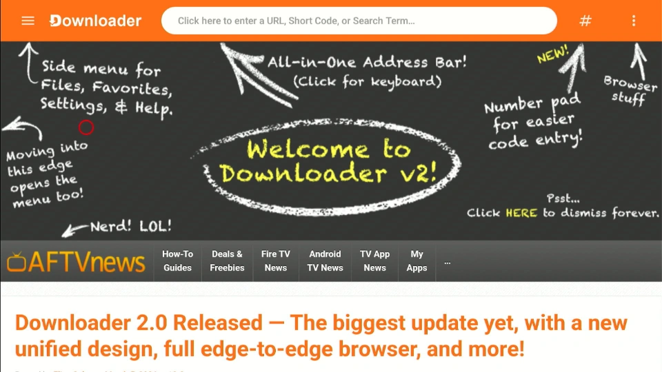 Barra de endereço do Downloader para digitar o código 6947237