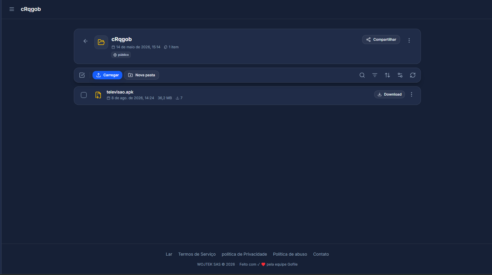 Gofile mostrando o primeiro arquivo televisao.apk e o botão Download